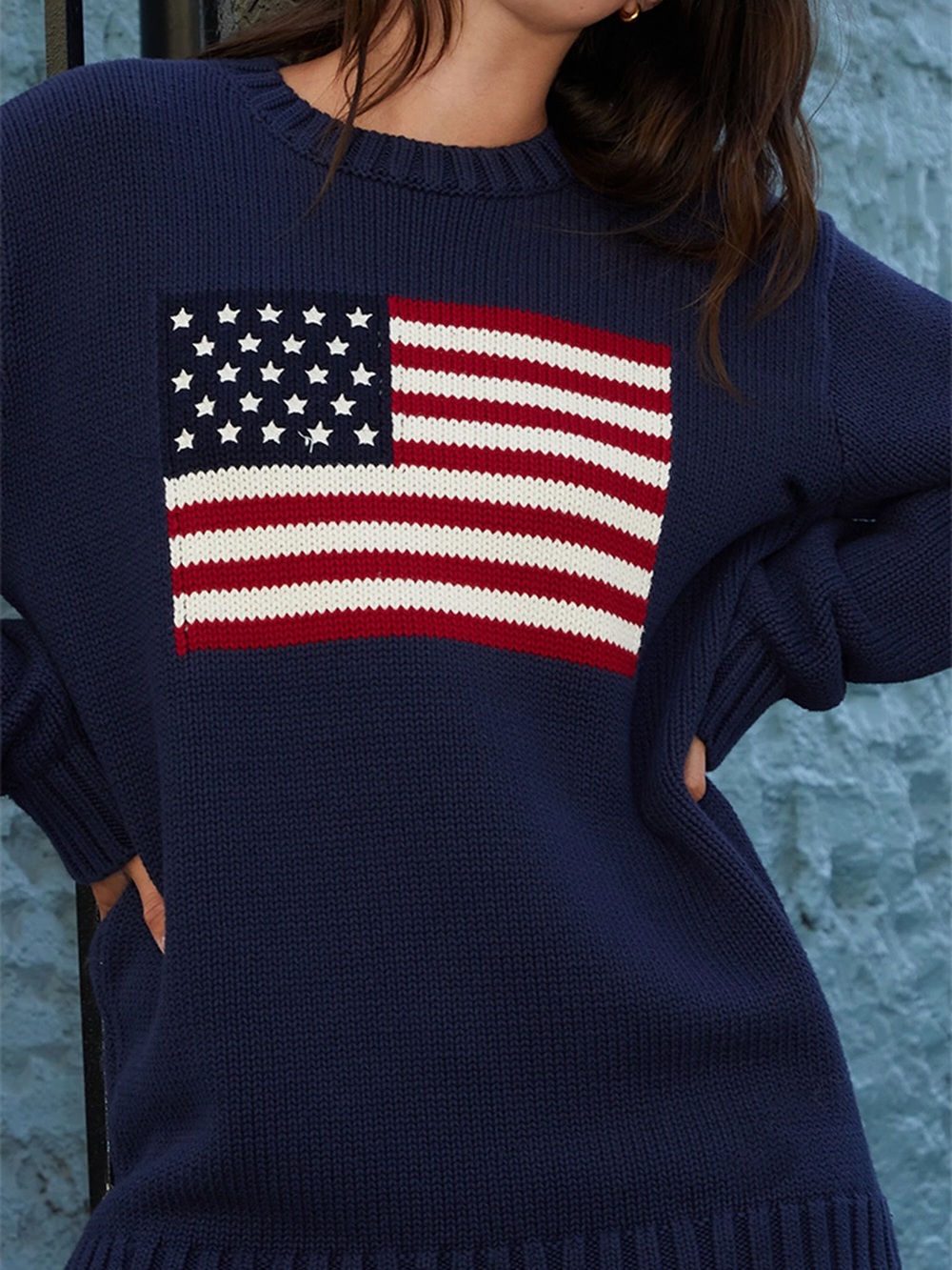 Brandy Melville Navy Crewneck Sweater with Red & White Flag